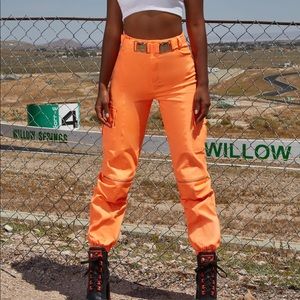 OH POLLY, HIGH WAISTED BELTED CARGO PANTS - NEON ORANGE